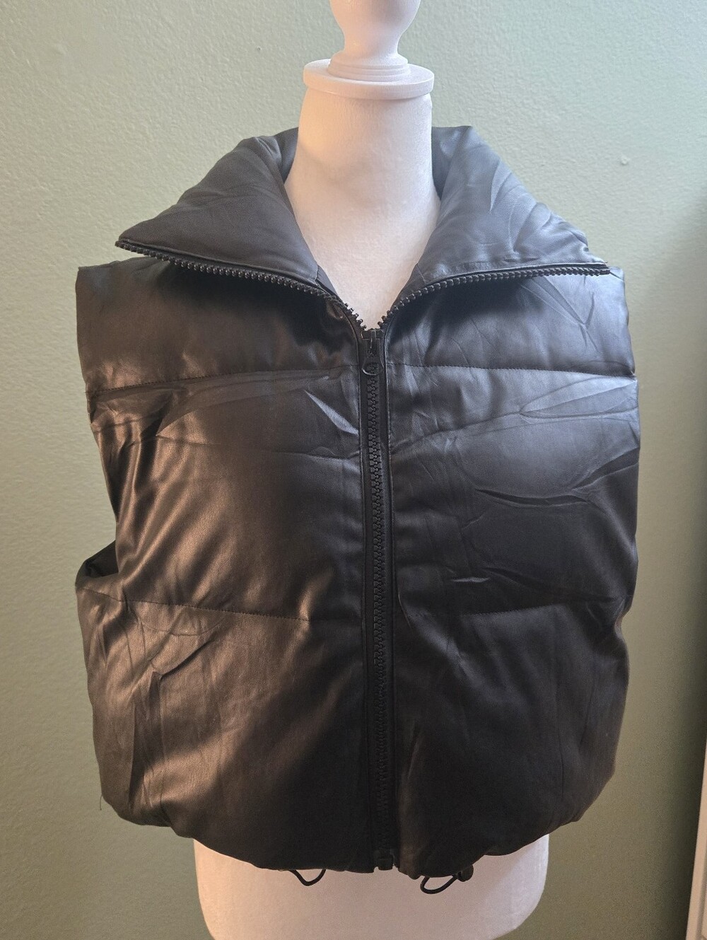 Women's Pleather-Look Black Puffer Vest